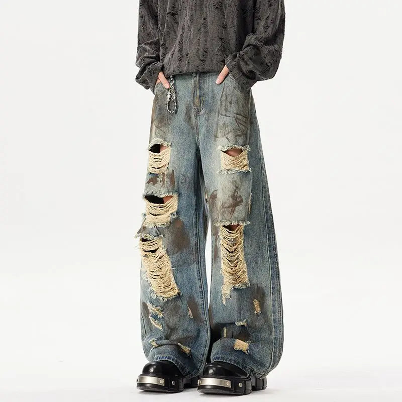 American-style High Street Distressed Painted Graffiti Wide-leg Denim Vintage Wasteland Style Jeans for Men
