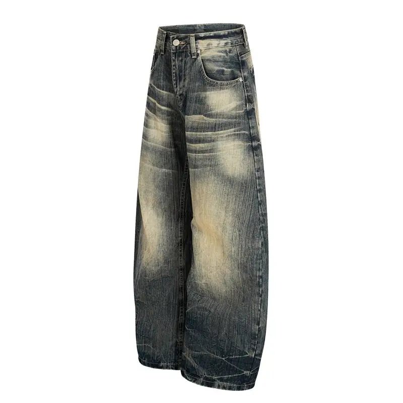 American - style Water - washed lightning Pattern Loose - fitting Wide - leg Curved Knife Pants Baggy Cool Straight - denim Pants for Men - ZentrovaZentrova