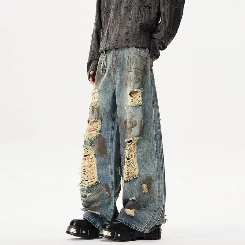 American-style High Street Distressed Painted Graffiti Wide-leg Denim Vintage Wasteland Style Jeans for Men