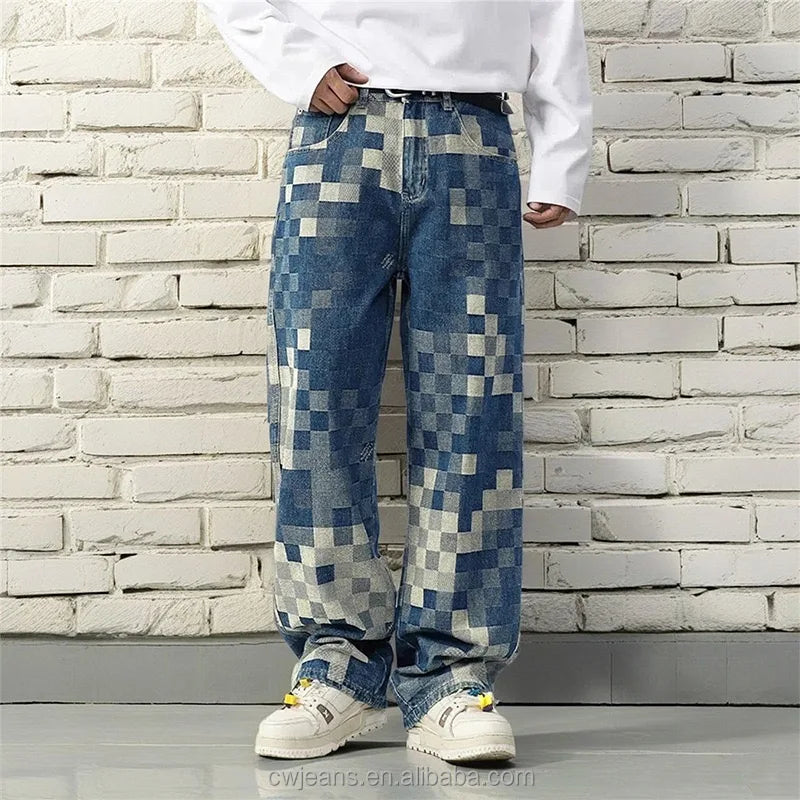 Wholesale American High Street Loose Fitting Men's Jeans Jacquard Denim Washed Distressed Blue Men's Jeans