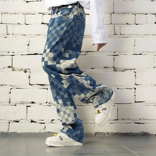 Wholesale American High Street Loose Fitting Men's Jeans Jacquard Denim Washed Distressed Blue Men's Jeans