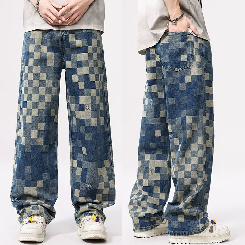 Mosaic Checkered Jeans for Men, Light Luxury Brand Straight and Loose Fit Men's Pants with Check Pattern