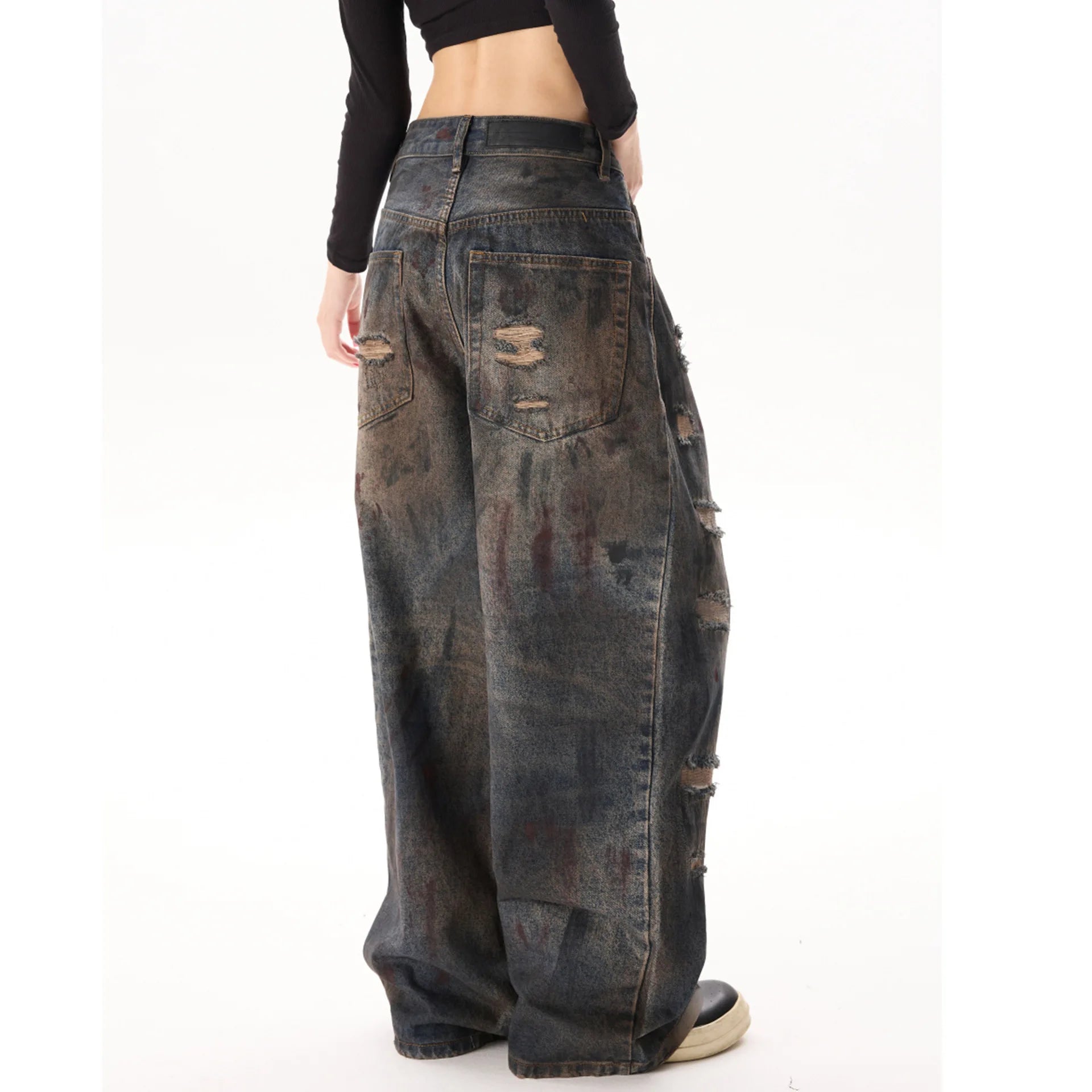 Antique Bronze Grey Denim Pants with Embroidered Graffiti Torn Hole Patch Elastic Straight Leg Loose Boyfriend Jeans for Winter