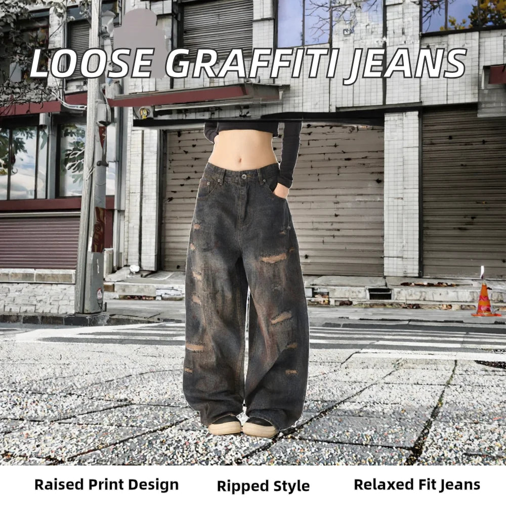 Antique Bronze Grey Denim Pants with Embroidered Graffiti Torn Hole Patch Elastic Straight Leg Loose Boyfriend Jeans for Winter