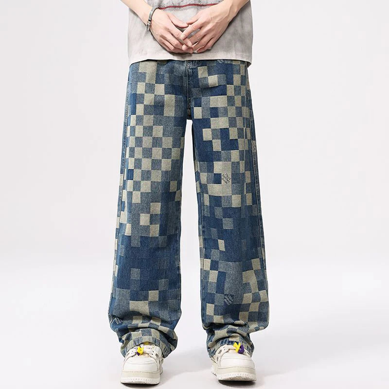 Mosaic Checkered Jeans for Men, Light Luxury Brand Straight and Loose Fit Men's Pants with Check Pattern