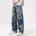 Mosaic Checkered Jeans for Men, Light Luxury Brand Straight and Loose Fit Men's Pants with Check Pattern