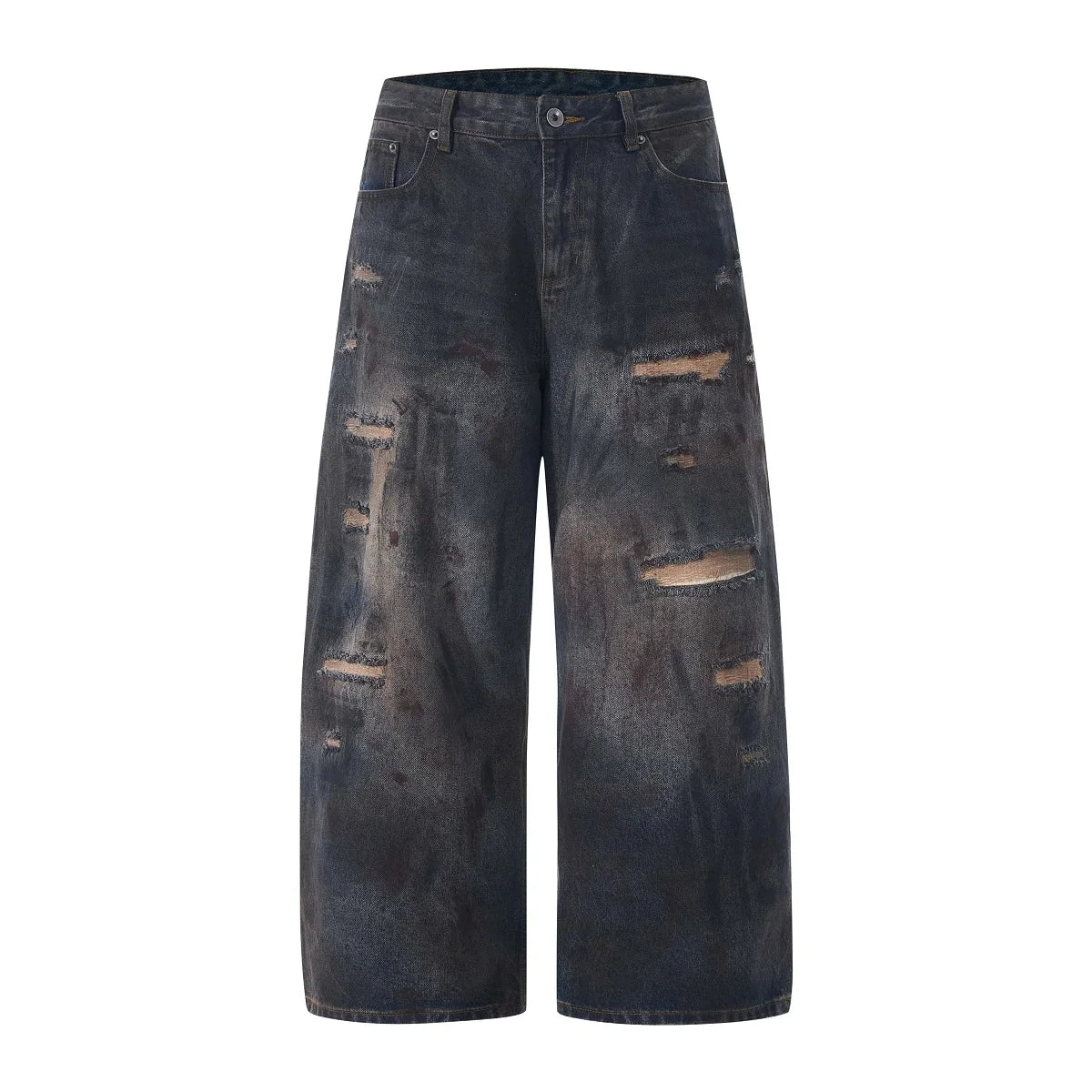 Antique Bronze Grey Denim Pants with Embroidered Graffiti Torn Hole Patch Elastic Straight Leg Loose Boyfriend Jeans for Winter