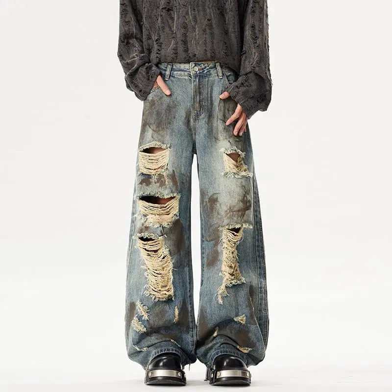 American-style High Street Distressed Painted Graffiti Wide-leg Denim Vintage Wasteland Style Jeans for Men