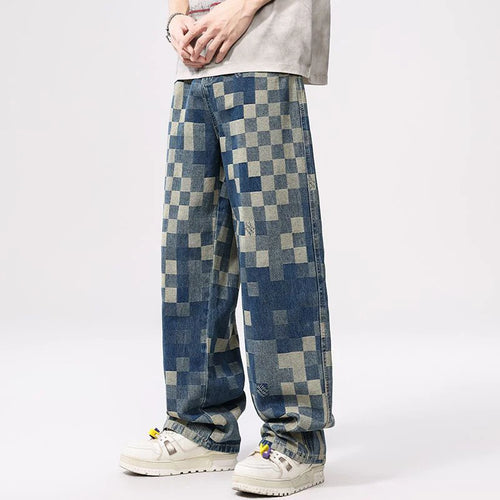 Mosaic Checkered Jeans for Men, Light Luxury Brand Straight and Loose Fit Men's Pants with Check Pattern