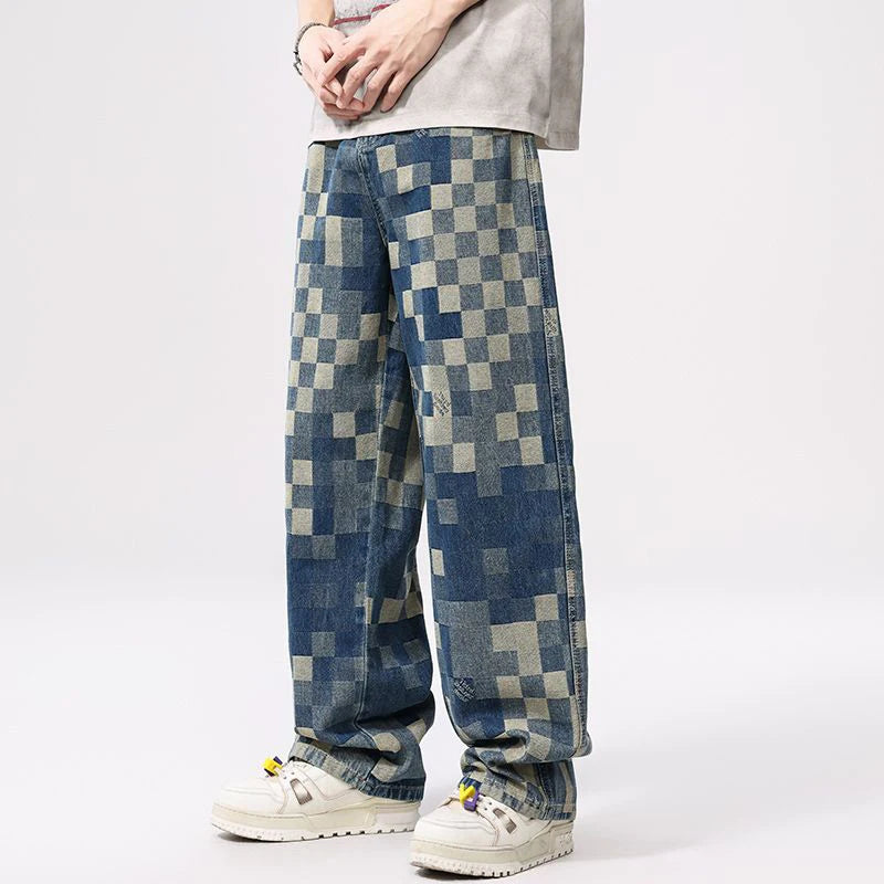 Mosaic Checkered Jeans for Men, Light Luxury Brand Straight and Loose Fit Men's Pants with Check Pattern