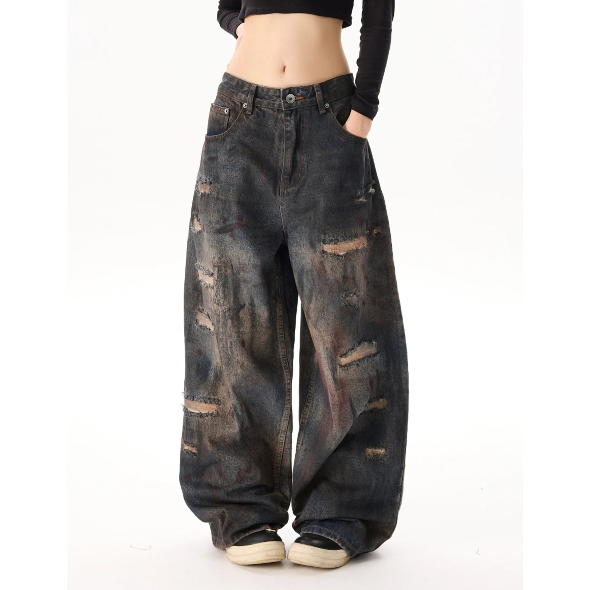 Antique Bronze Grey Denim Pants with Embroidered Graffiti Torn Hole Patch Elastic Straight Leg Loose Boyfriend Jeans for Winter