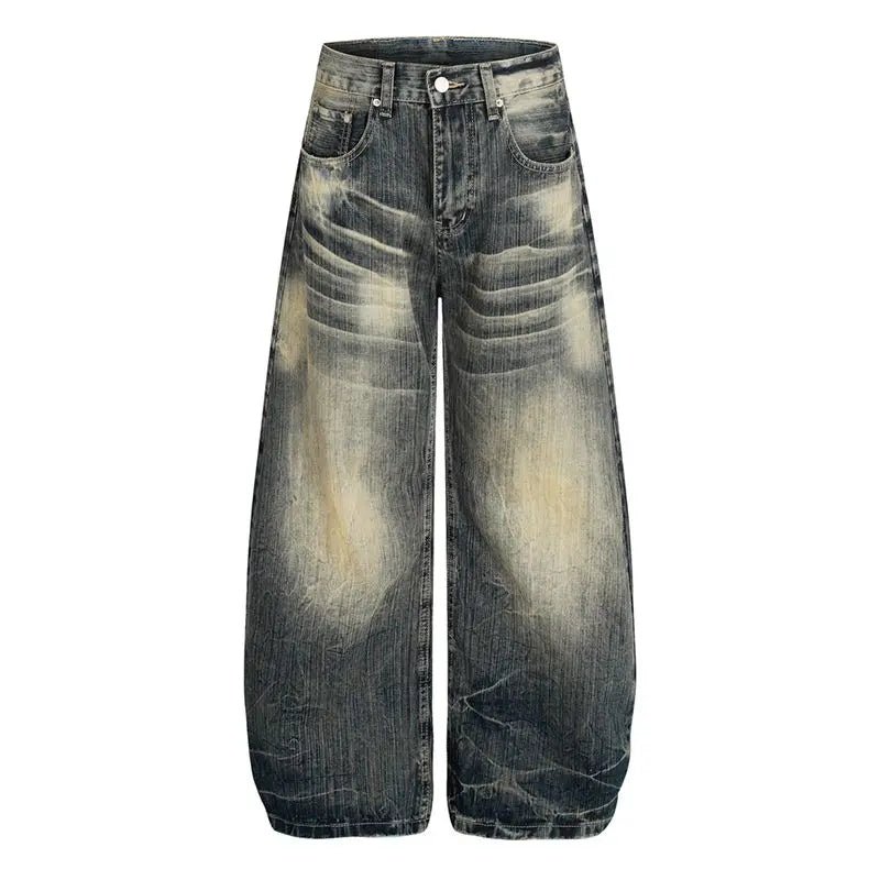American - style Water - washed lightning Pattern Loose - fitting Wide - leg Curved Knife Pants Baggy Cool Straight - denim Pants for Men - ZentrovaZentrova