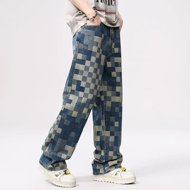 Mosaic Checkered Jeans for Men, Light Luxury Brand Straight and Loose Fit Men's Pants with Check Pattern