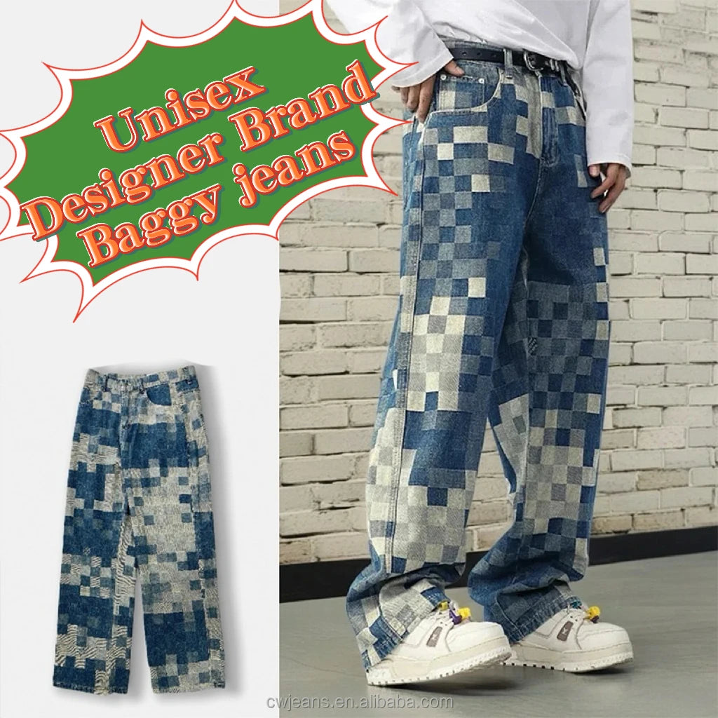 Wholesale American High Street Loose Fitting Men's Jeans Jacquard Denim Washed Distressed Blue Men's Jeans