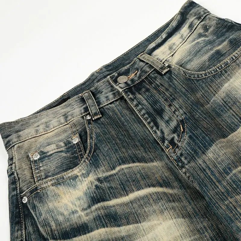 American - style Water - washed lightning Pattern Loose - fitting Wide - leg Curved Knife Pants Baggy Cool Straight - denim Pants for Men - ZentrovaZentrova
