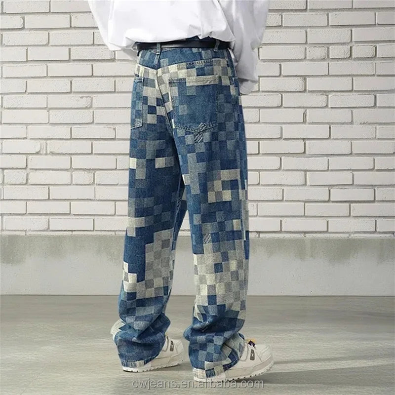 Wholesale American High Street Loose Fitting Men's Jeans Jacquard Denim Washed Distressed Blue Men's Jeans