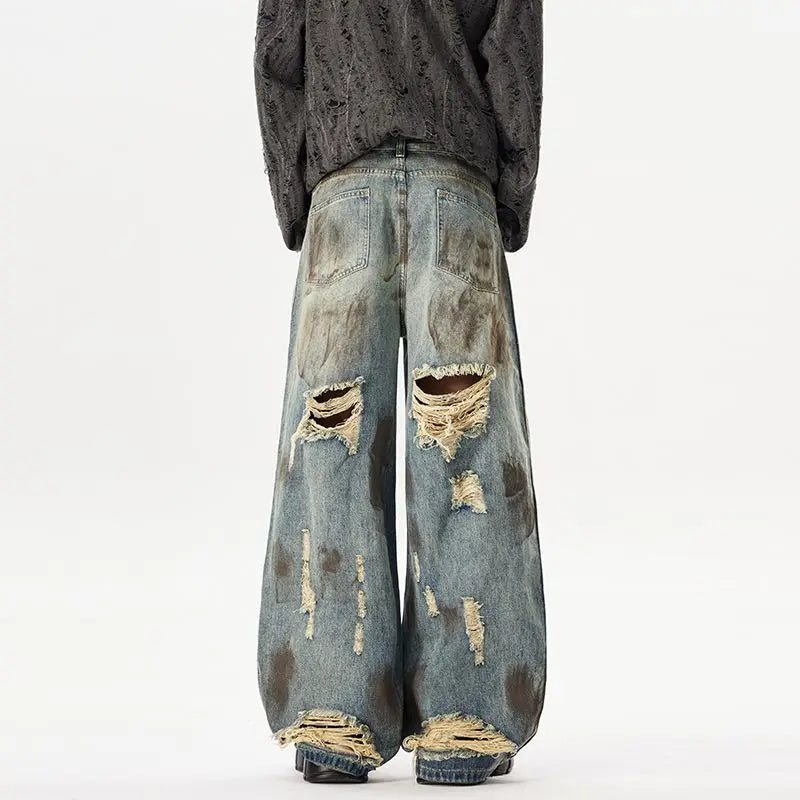 American-style High Street Distressed Painted Graffiti Wide-leg Denim Vintage Wasteland Style Jeans for Men