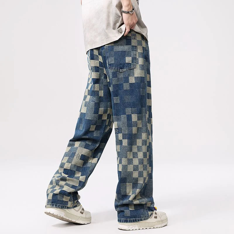 Mosaic Checkered Jeans for Men, Light Luxury Brand Straight and Loose Fit Men's Pants with Check Pattern