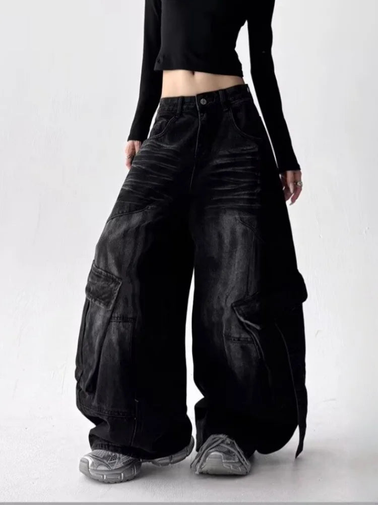 2025 American Retro Y2K Style Washed Distressed Blue Baggy Women's Cargo Jeans Pants For Woman Clothing Wide Leg Denim Trousers - ZentrovaZentrova