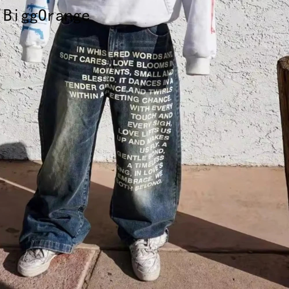 2025 American Fashion Jeans Letter Printing Pattern High Street Casual Wide Legs Y2K Men's Retro Gothic Trendy Casual Pants