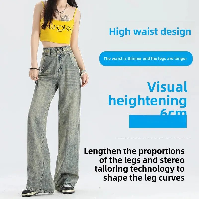 American Style Vintage Wide - Leg Jeans Women's High - Waisted Loose - Fit Slimming Draped Straight - Leg Pants New Spring 2025 - ZentrovaZentrova