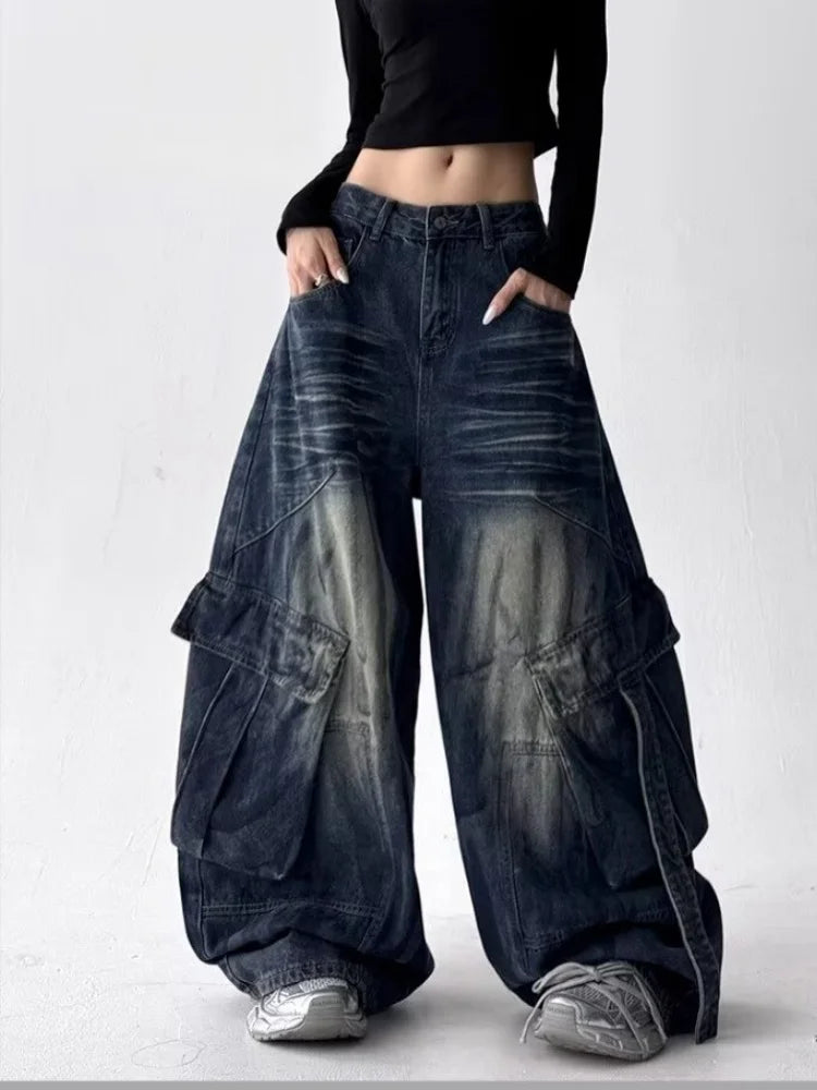 2025 American Retro Y2K Style Washed Distressed Blue Baggy Women's Cargo Jeans Pants For Woman Clothing Wide Leg Denim Trousers