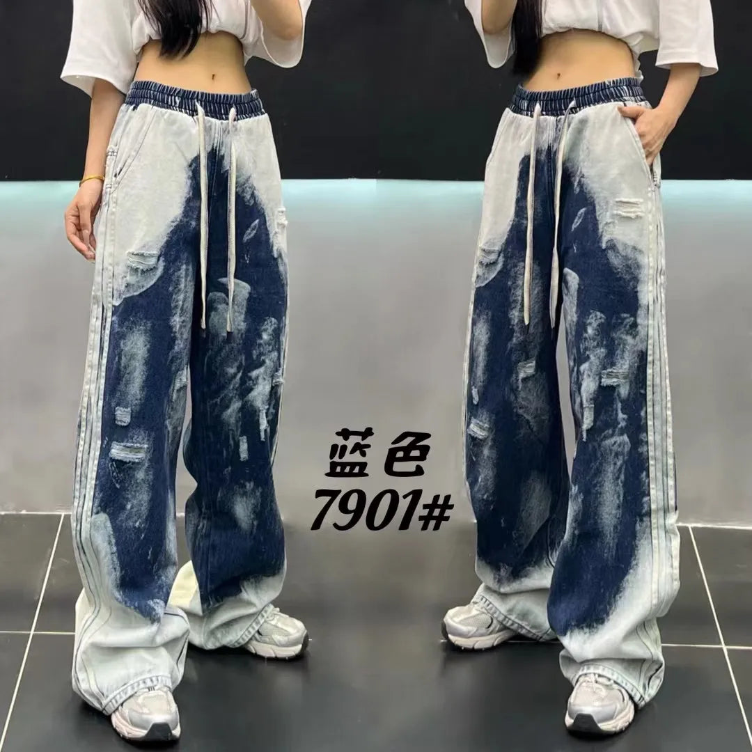 European Brand Stylish Patchwork Striped Jeans for Women Autumn New High Street Slimming Floor-Length Wide-Leg Casual Pants