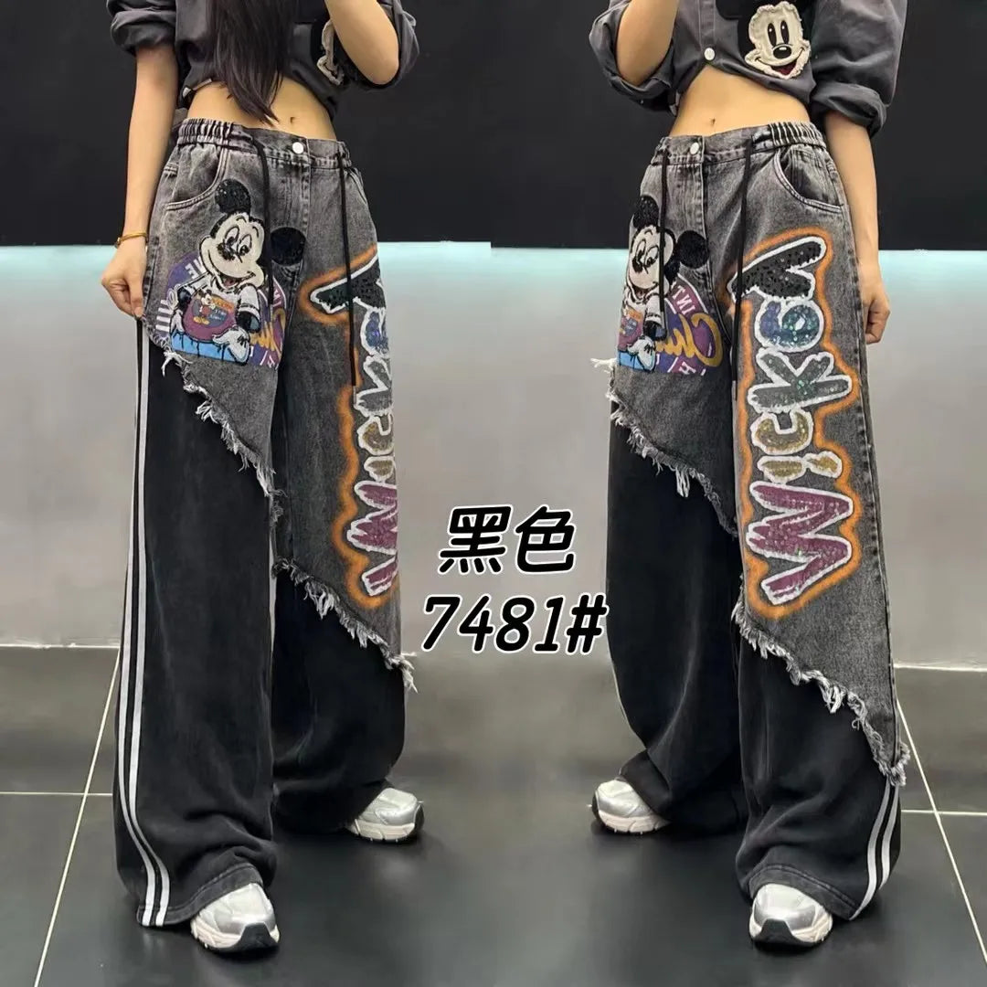 European Brand Stylish Patchwork Striped Jeans for Women Autumn New High Street Slimming Floor-Length Wide-Leg Casual Pants