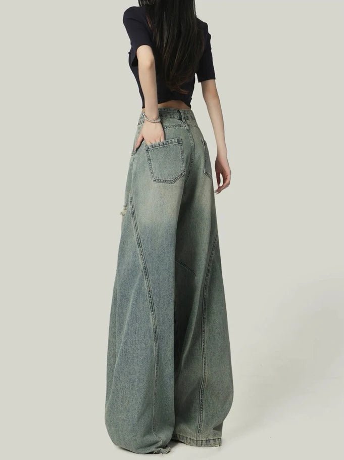 American High Street Retro Women Jeans Simple Basic High Waist Slim Woman Jeans Holes Casual Loose Chic Wide Leg Pants Female - ZentrovaZentrova
