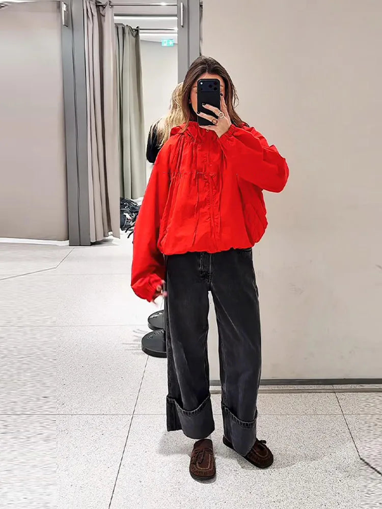 Chic Hooded Women's Jacket Zippers Full Sleeve Stand Collar Lace Up Loose Lady Coat 2026 Spring Fashion Female Street Outerwear