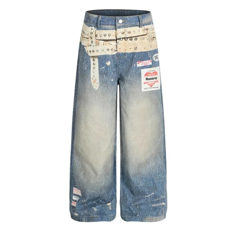 Deeptown Blue Vintage Graphic Women Distressed Jeans Washed Wide Leg American Style Straight Denim Trousers Baggy Casual Gyaru