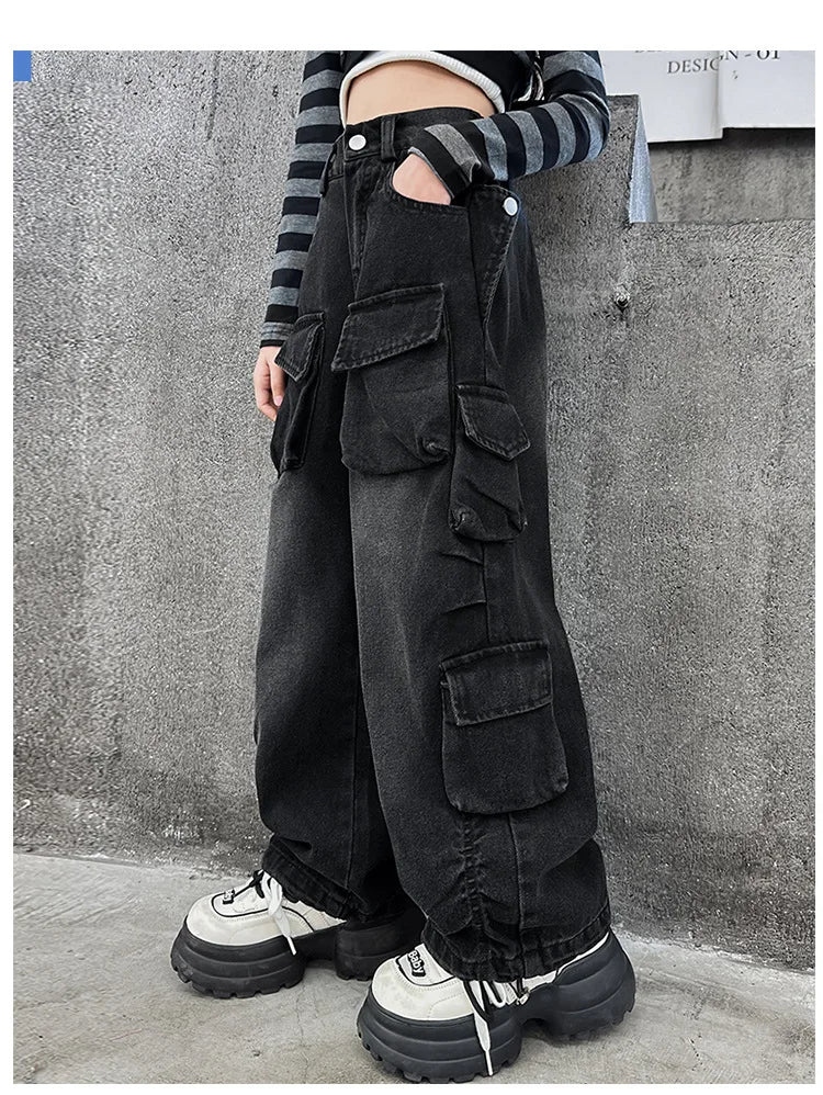Cargo Jeans for Girls 2026 Spring Loose Casual Elastic Waist Teenage Children Wide Leg Pants Design Streetwear Kids Trousers