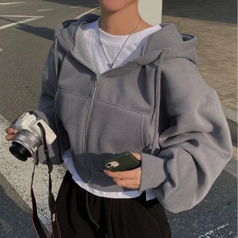 Autumn Winter Hooded Hoodies Women Casual Streetwear Zip Up Sweatshirts Long Sleeve Jackets Harajuku Y2K Crop Tops Hood Shirt - ZentrovaZentrova