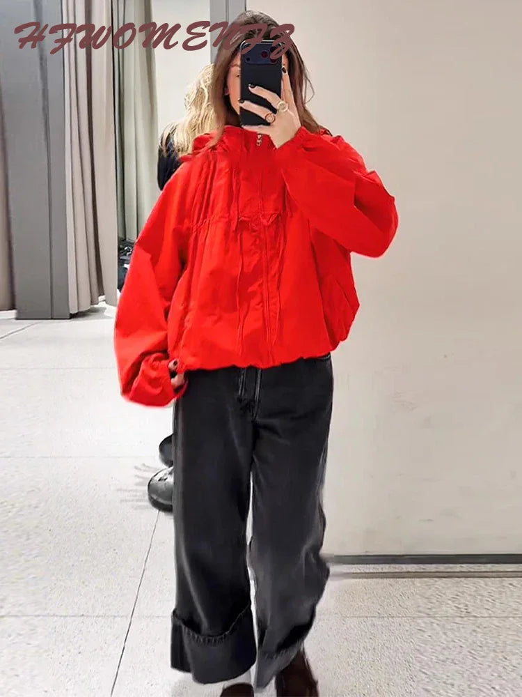 Chic Hooded Women's Jacket Zippers Full Sleeve Stand Collar Lace Up Loose Lady Coat 2026 Spring Fashion Female Street Outerwear