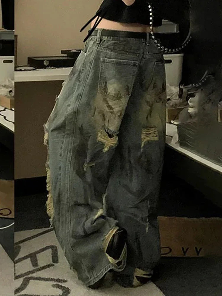 Classic High Waist Solid Color Loose Female Wide Leg Pants American Vintage Washed Chic Hollow Out Fashion Straight Women Jeans