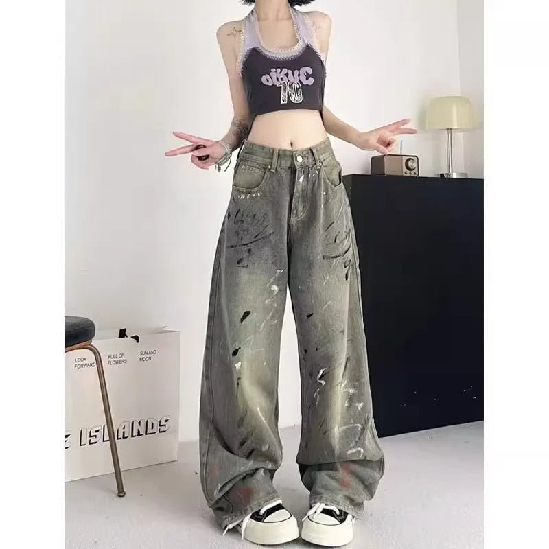 American High Street Style Wide Leg Denim Jeans Women's Autumn New Vintage Wasteland Design Sense Pants Polyester Fabric - ZentrovaZentrova