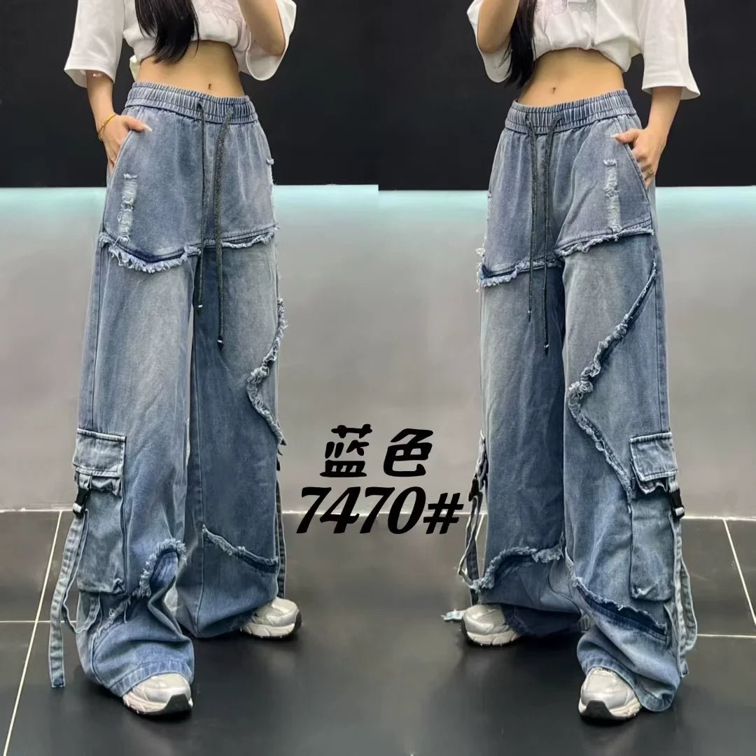 European Brand Stylish Patchwork Striped Jeans for Women Autumn New High Street Slimming Floor - Length Wide - Leg Casual Pants - ZentrovaZentrova