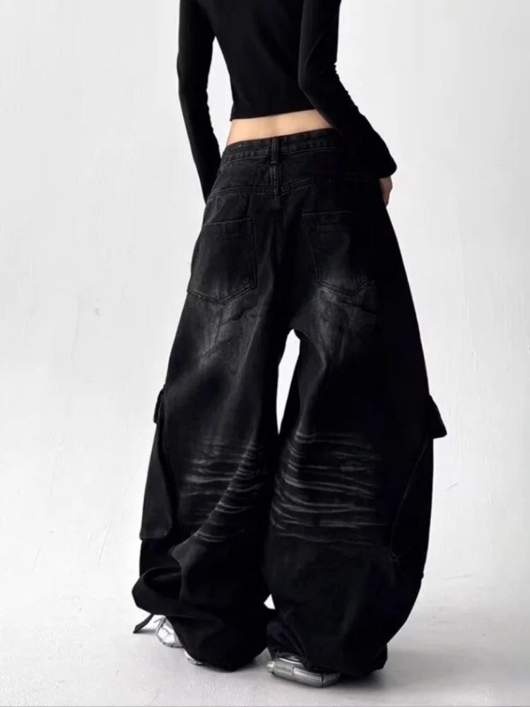2025 American Retro Y2K Style Washed Distressed Blue Baggy Women's Cargo Jeans Pants For Woman Clothing Wide Leg Denim Trousers - ZentrovaZentrova