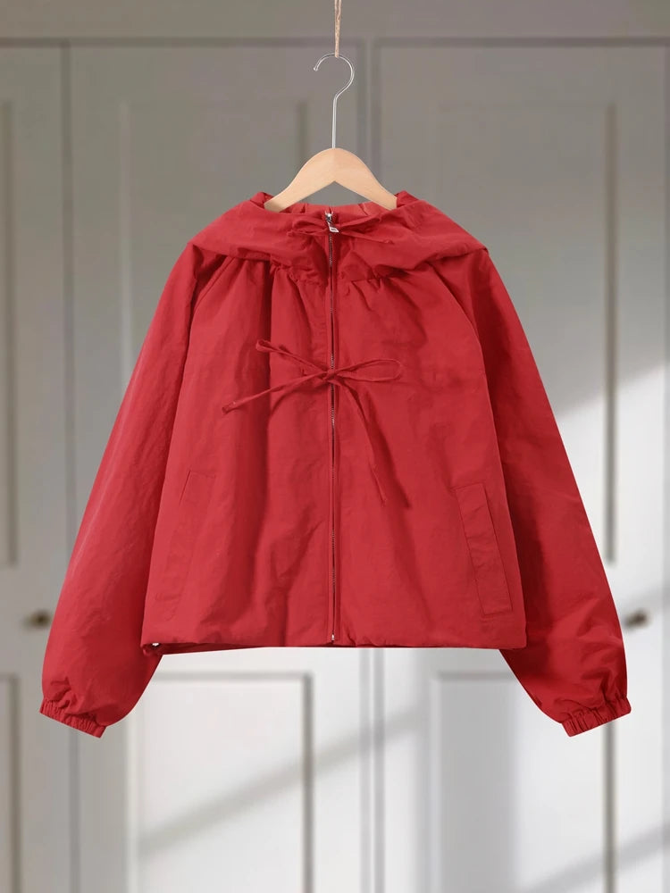 Chic Hooded Women's Jacket Zippers Full Sleeve Stand Collar Lace Up Loose Lady Coat 2026 Spring Fashion Female Street Outerwear