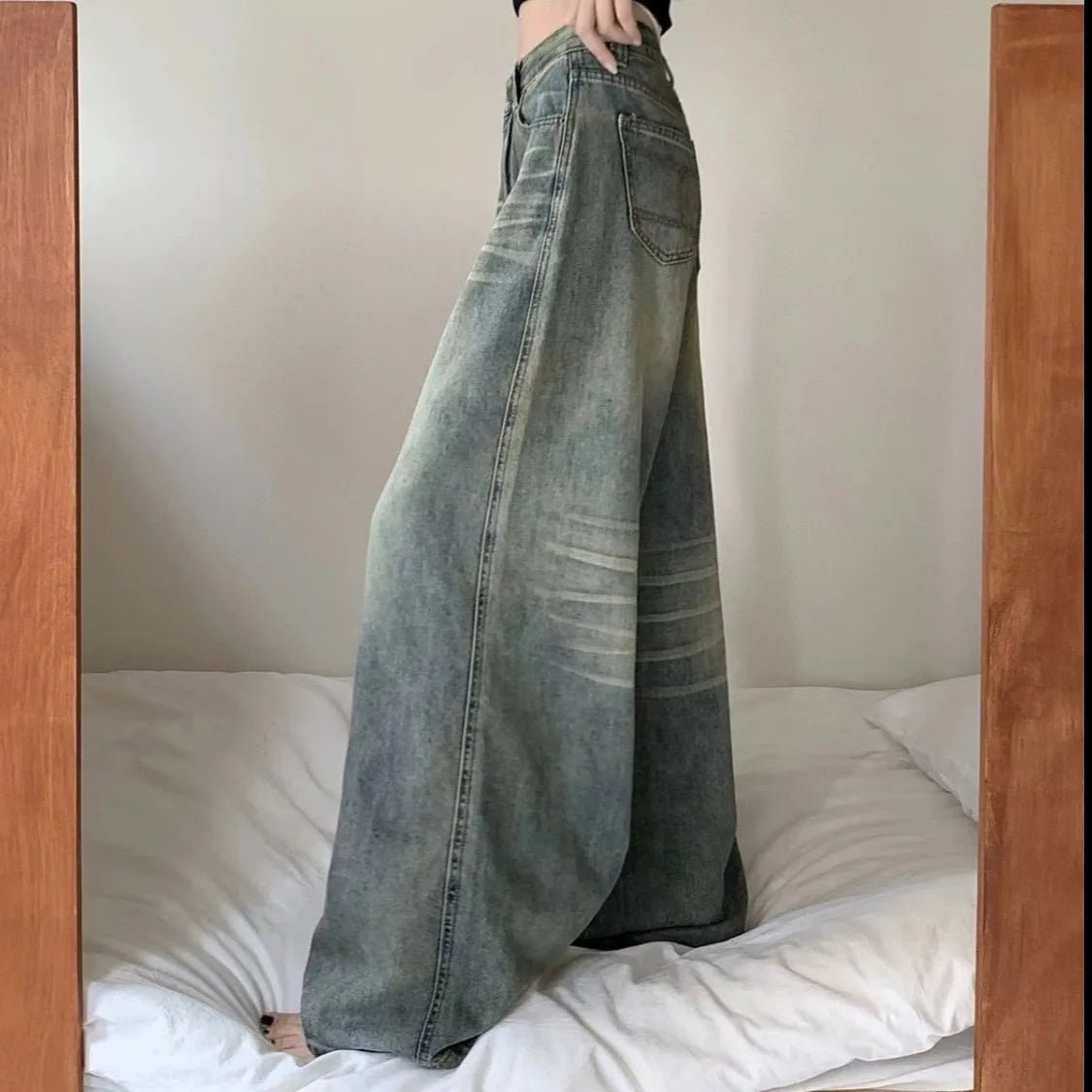 American Retro Washed Wide Leg Jeans Women Loose High Waisted Slimming Height Enhancing Floor Length Casual Straight Long Pants - ZentrovaZentrova