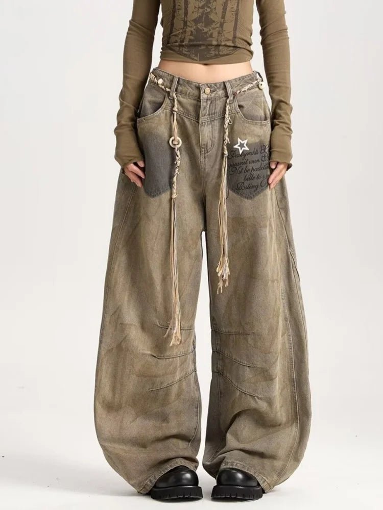 2025 American Retro Y2K Style Distressed Khaki Baggy Pleated Women's Jeans Pants Woman Clothing Wide Leg Cotton Long Trousers - ZentrovaZentrova