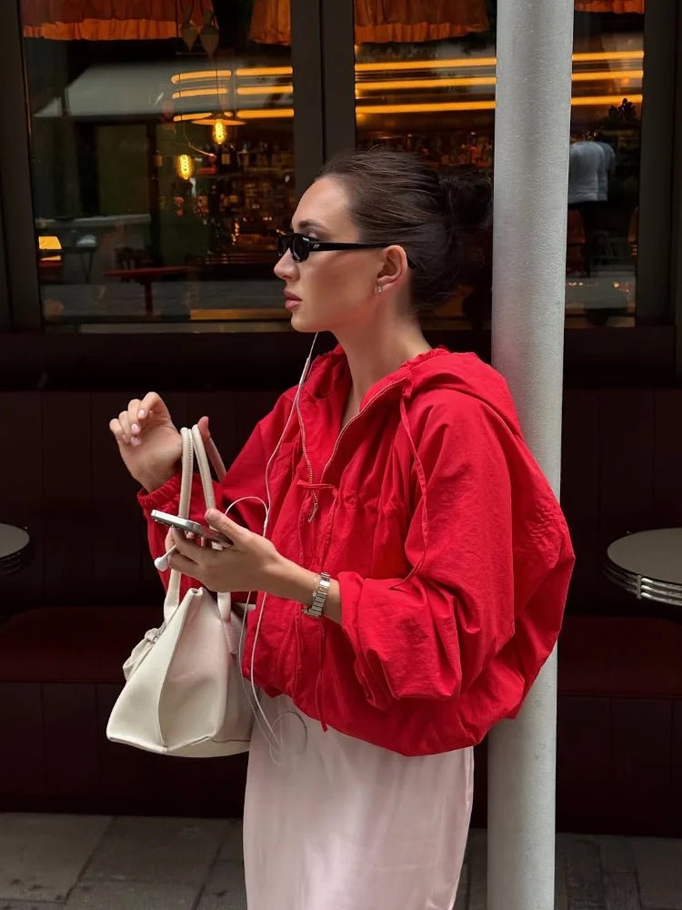 Chic Hooded Women's Jacket Zippers Full Sleeve Stand Collar Lace Up Loose Lady Coat 2026 Spring Fashion Female Street Outerwear - ZentrovaZentrova