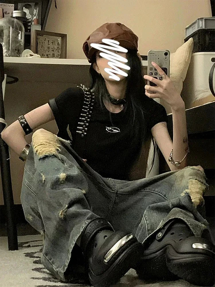 Classic High Waist Solid Color Loose Female Wide Leg Pants American Vintage Washed Chic Hollow Out Fashion Straight Women Jeans