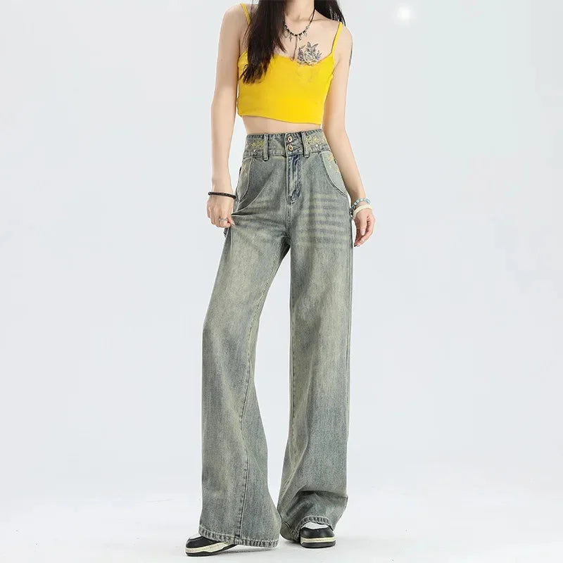 American Style Vintage Wide-Leg Jeans Women's High-Waisted Loose-Fit Slimming Draped Straight-Leg Pants New Spring 2025