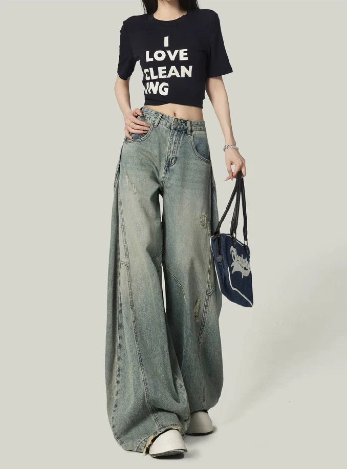 American High Street Retro Women Jeans Simple Basic High Waist Slim Woman Jeans Holes Casual Loose Chic Wide Leg Pants Female - ZentrovaZentrova