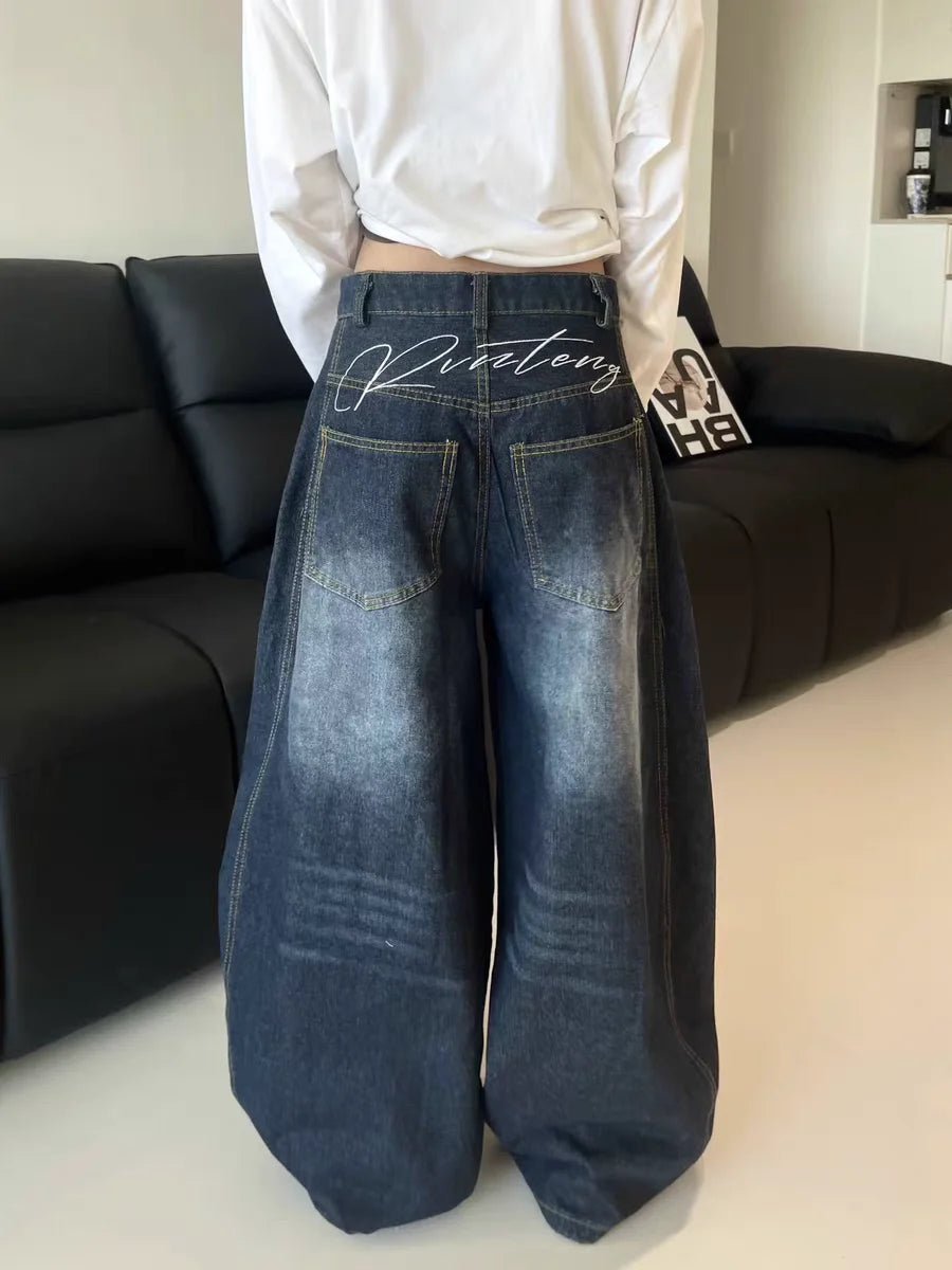 Casual Womens Y2K Loose Baggy Jeans Blue Washed High Street Vintage Cargo Pants Wide Leg Oversized Trousers y2k pants - ZentrovaZentrova