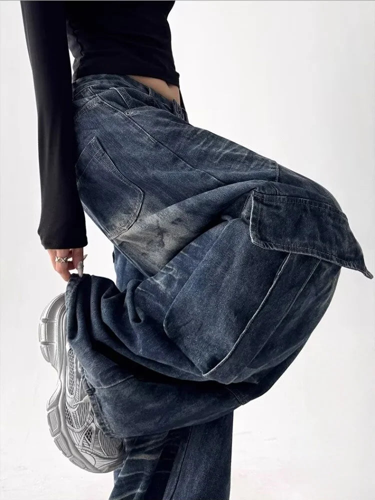 2025 American Retro Y2K Style Washed Distressed Blue Baggy Women's Cargo Jeans Pants For Woman Clothing Wide Leg Denim Trousers