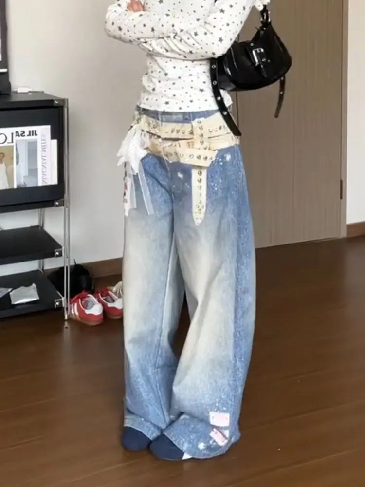 Deeptown Blue Vintage Graphic Women Distressed Jeans Washed Wide Leg American Style Straight Denim Trousers Baggy Casual Gyaru