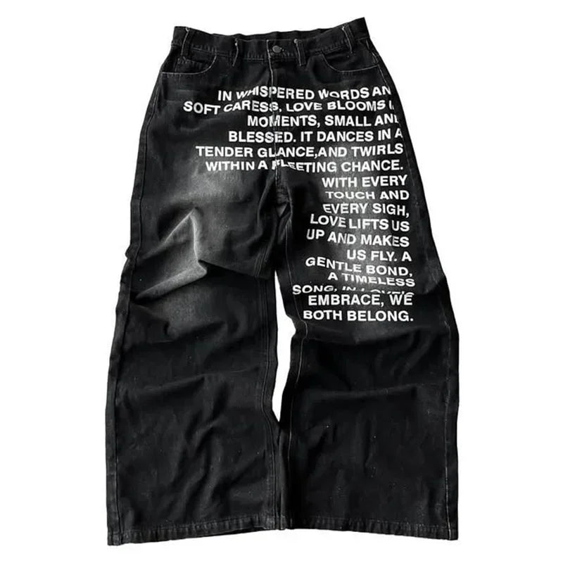 2025 American Fashion Jeans Letter Printing Pattern High Street Casual Wide Legs Y2K Men's Retro Gothic Trendy Casual Pants