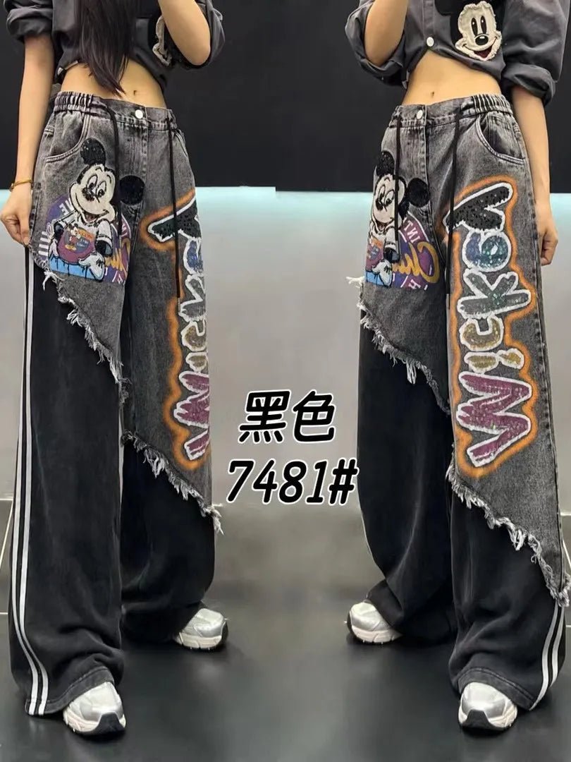 European Brand Stylish Patchwork Striped Jeans for Women Autumn New High Street Slimming Floor - Length Wide - Leg Casual Pants - ZentrovaZentrova